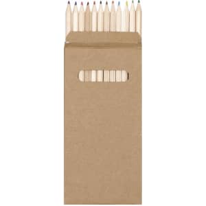 A boxed set of coloured pencils in various shades, featuring a simple cardboard packaging with a handle.