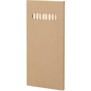 A pencil set displayed in a kraft box, featuring several wooden coloured pencils. The box includes a branding logo.
