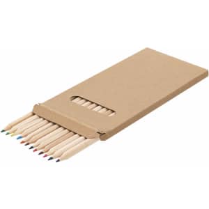 A pencil set featuring twelve coloured pencils in a brown cardboard packaging, with an opening for easy access.