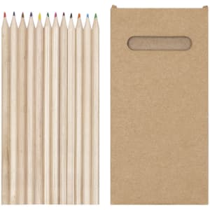 A set of coloured pencils in natural wood with a cardboard case featuring a cut-out handle.