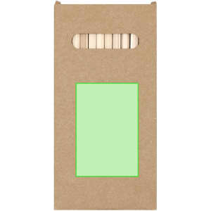 A pencil set in a kraft paper box featuring coloured pencils, primarily in natural wood tones, with a decorative green accent.