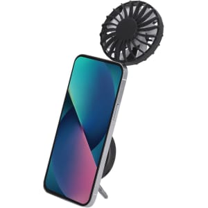 A smartphone with a black fan attachment, designed for use with mobile devices. It features a simple, sleek design.