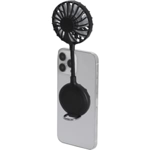 A black portable fan attached to the back of a silver smartphone, with a circular fan head and flexible neck.