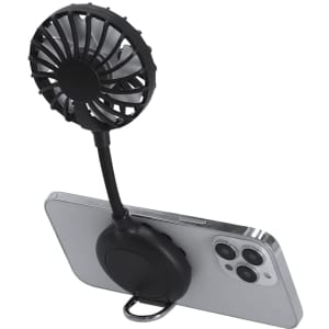 A black portable fan attached to a smartphone, featuring a flexible neck for adjustable positioning.