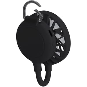 A black portable fan with a clip attachment and a circular design. It includes a metal hook for easy carrying.