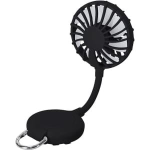 A black portable fan with a flexible neck and a base featuring a keyring attachment.