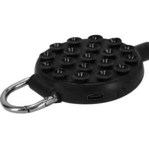 A black Kelanor Fan with multiple ventilation holes and a carabiner attachment, featuring a USB-C port.