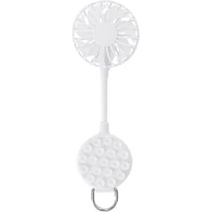 A white handheld fan with a round fan blade and a circular handle featuring a textured grip. It includes a silver attachment ring.