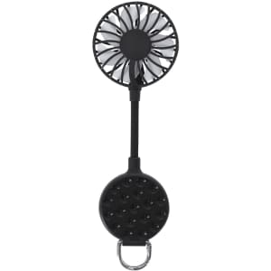 A portable black fan with a circular design and a keyring attachment for convenience.
