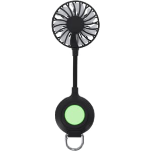 A portable black fan with a retractable cord and bright green accent, featuring a logo on the base.