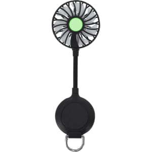 A portable black fan with a flexible neck and a circular base. It features a green centre and has a logo.