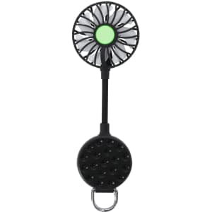 A portable black fan with a round base and a clip, featuring a green LED light in the centre of the fan blades.