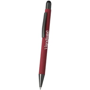 A red stylus touch ball pen with a black clip and tip, featuring a logo on the barrel.