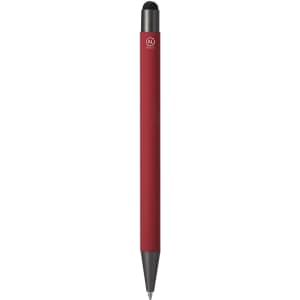 A red stylus touch ball pen with a black tip and a branding logo on the barrel.