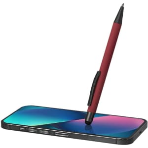 A red stylus touch ball pen resting on a smartphone screen, showcasing a modern design and features a logo.