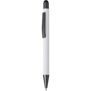 A white ballpoint pen with a black tip and clip, featuring a stylus tip at the opposite end. It has a logo on the side.