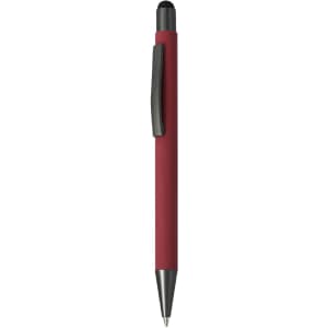 A red ballpoint pen with a stylus tip and a black clip. The pen features a smooth finish and has a branding logo.