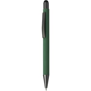 A green stylus touch ball pen with a clip and black tip, featuring a branding logo.