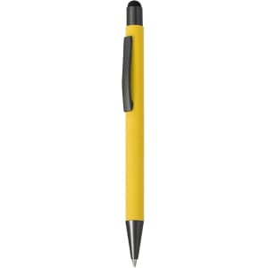 A yellow stylus touch ball pen with a black clip and tip, featuring a smooth design and branding.