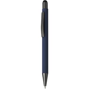 A navy blue stylus touch ball pen with a black clip and a metallic tip. It features a logo.