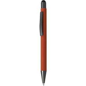 An orange stylus touch ball pen with a black clip and tip, featuring a logo on the barrel.