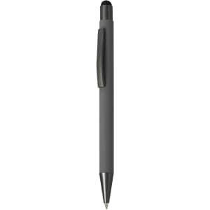 A grey stylus touch ball pen with a clip and a black tip, featuring a logo.