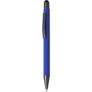 A blue stylus touch ball pen with a black clip and tip. It features a smooth grip and a logo.