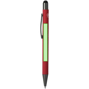 A stylus touch ball pen in red with a green grip and a clip. Features a logo on the body.