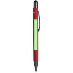 A red ballpoint pen with a stylus tip and a green rectangular section for branding. It features a clip for easy attachment.