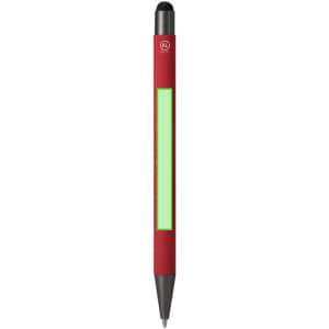 A red stylus touch ball pen with a green accent and a logo on the barrel.