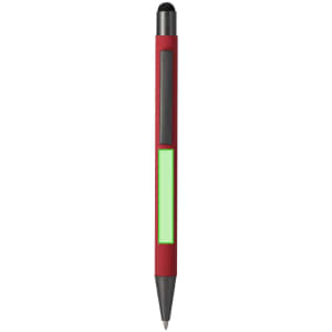 A red ball pen with a stylus tip and a black grip, featuring a green section, and includes branding.
