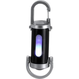 A black Luvaron Torch with a silver hook and blue light, designed for portability and convenience.