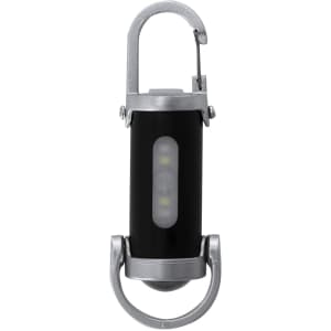 A black torche with silver accents and a carabiner clip for attaching to keyrings or bags.