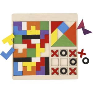 A wooden puzzle set featuring colourful geometric pieces and a tic-tac-toe grid, along with various shapes.