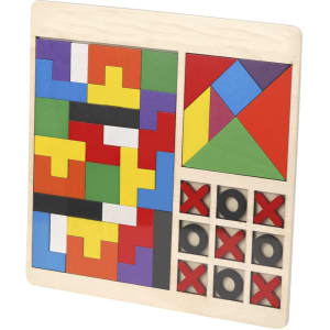 A wooden puzzle set featuring colourful blocks and a tic-tac-toe section with black and red pieces.
