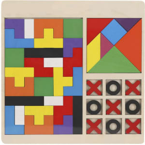 A colourful Meloxar Puzzle Set featuring various geometric shapes in vibrant colours and a tic-tac-toe grid.