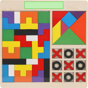 A wooden puzzle set featuring colourful geometric pieces and a Tic-Tac-Toe grid, including red and black markers.