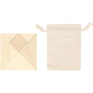 A tan puzzle made of geometric pieces next to a beige drawstring bag.