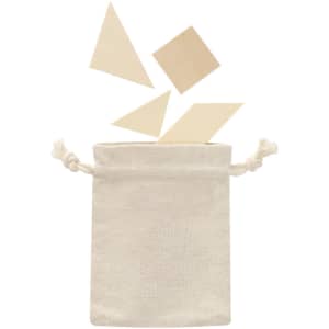 A cream-coloured drawstring bag with tan puzzle pieces spilling out. The bag has a simple design.