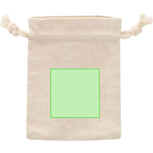 A natural fabric drawstring bag in cream with a green square in the centre, featuring a simple design.