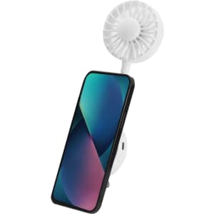 A white fan attached to a black smartphone, featuring a rounded design and a small base.