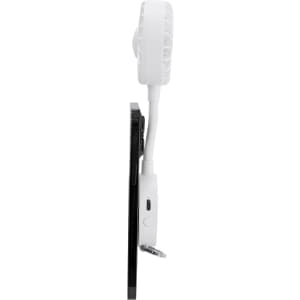 A white portable fan attached to a black smartphone, showcasing a compact design and flexible arm.