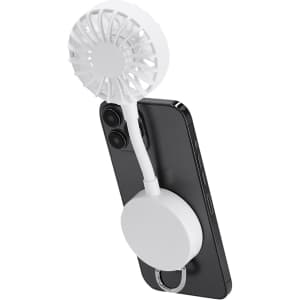 A white portable fan attached to a black phone, featuring a flexible neck and a circular base.