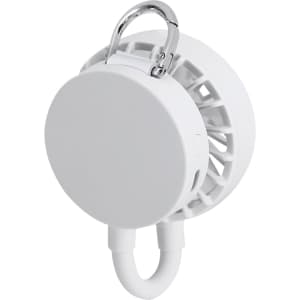 A compact white portable fan with a carabiner attachment, featuring a sleek round design and ventilation slots.