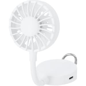 A portable white fan with a flexible neck and a keyring attachment, featuring a charging port.