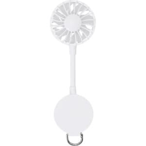 A portable white fan with a flexible stem and a round base, featuring a metal clip for attachment.