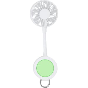 A white portable fan with a round base and a green circular section, featuring a hook for easy attachment.