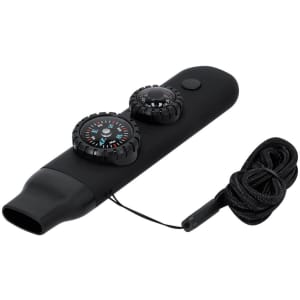 A black survival whistle featuring two compasses and a cord for easy carrying.