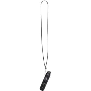 A black survival whistle with a lanyard for easy carrying, featuring a logo.