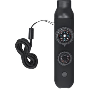 A black survival whistle with two compasses and a lanyard for easy carrying.